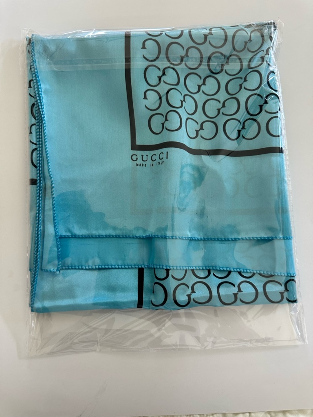Designer Inspired Monogram Blue Satin Scarf | Euro Summer Coastal Chic Wrap - Picture 3 of 5